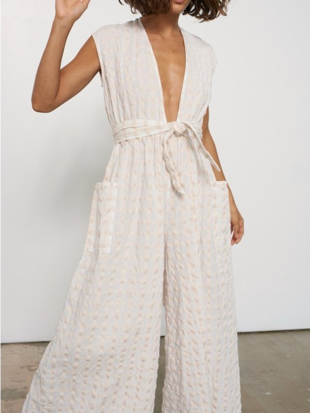 MARA HOFFMAN whitney jumpsuit white sands windowpane vacation resort size M - Picture 3 of 15
